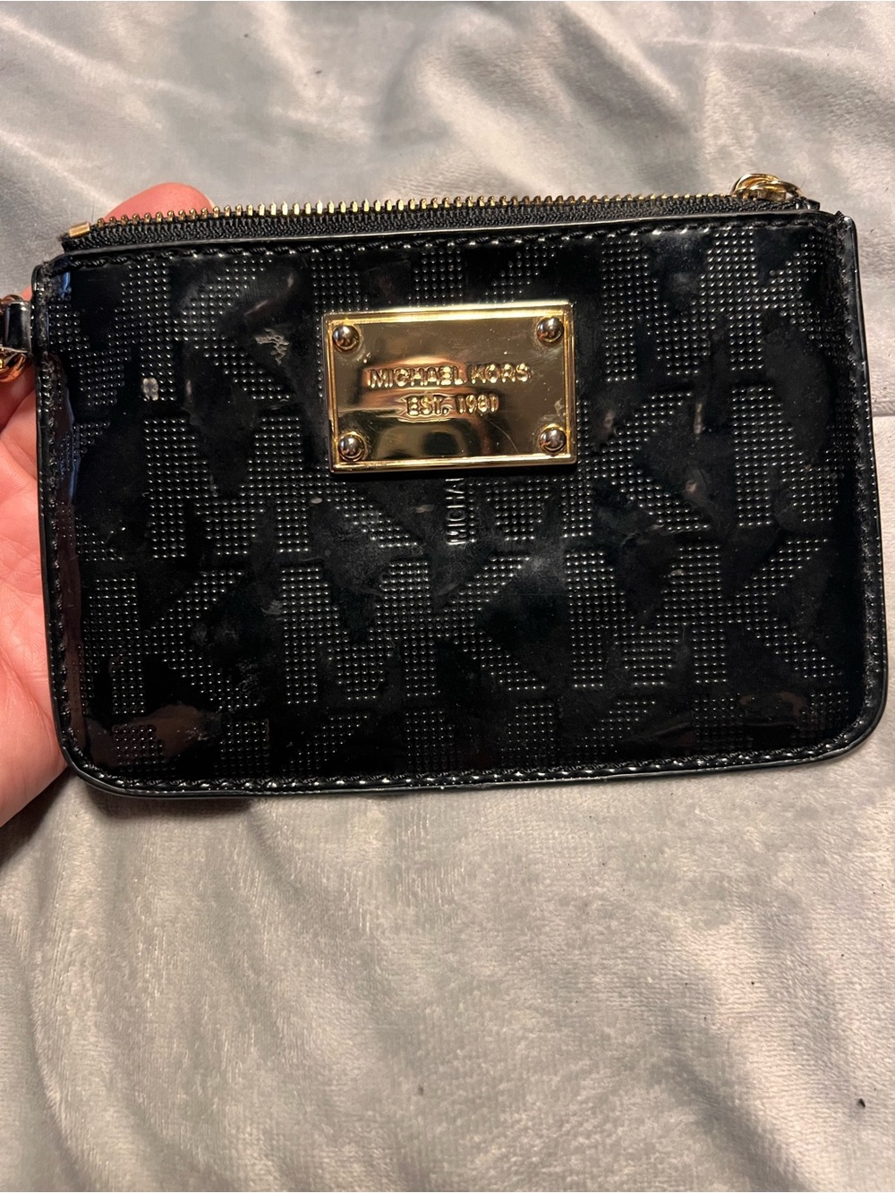 Michael Kors Black Patent MK Monogram Wristlet with Gold Plaque